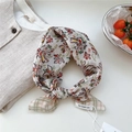 Floral print cotton linen small square scarf in cream with red and yellow flower pattern - Woven Check Border Floral