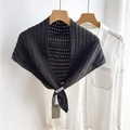Close-up of dark grey hollow-out knitted triangle scarf with textured dot pattern - 70x120cm / Charcoal Gray