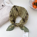 Olive green paisley and sunflower print cotton-linen scarf with brown pattern borders - Yellow Bead Floral