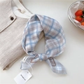 Plaid blue and brown cotton linen square scarf with breathable texture and brand labels - Dot Stripe Woven Check Blue