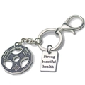Silver boxing-themed barbell pendant keychain with inspirational engraved metal tags - Silver Enameled Weight Plate & Rectangular Tag