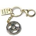 Golden fitness keychain with barbell charm and engraved motivational metal plates - Gold Enameled Weight Plate & Rectangular Tag