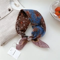 Floral print small square scarf in blue and pink tones with retro cherry blossom patterns - Bubble Flower Leaf Brown