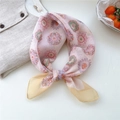Pink floral chiffon square scarf with yellow border and daisy pattern in knotted style - 25 Embroidered Flowers