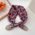 Elegant red and blue checkered cotton linen neck scarf with vintage geometric patterns - 02 Wine Red Dot Grid