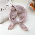 Dusty rose floral square silk scarf for women styled with beige linen shirt and prop fruit - 28 Khaki Small Dot Floral