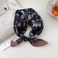 Floral print cotton linen neck scarf with burgundy trim in black and white pattern - Black Fine Scroll Floral