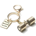 Golden fitness dumbbell keychain with engraved Strong beautiful health square pendant - Large Gold Dumbbell & Rectangular Tag