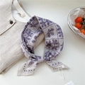 Lightweight square scarf in light grey with purple leaf patterns and decorative grid - Leaf Pattern Check Beige