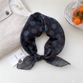 Dark brown square scarf with vintage blue floral prints on a soft linen background - Brown Multi-Petal Floral