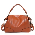 Caramel brown pebbled leather Boston handbag with detachable strap and gold hardware - Brown