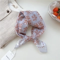 Soft purple cotton linen square scarf with orange floral pattern in elegant knot - Leaf Pattern Check Blue