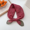 Soft cotton linen square scarf in burgundy red with square pattern for women - 07 Red Round Leaf Grid