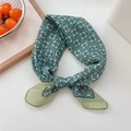 Green and white geometric floral cotton linen square scarf tied in a decorative knot - 08 Green Round Leaf Grid