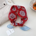 Soft red square scarf with ethnic geometric patterns and light blue contrast borders - Ten-Grid Red