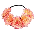 Detail of bohemian floral headband with gradient pink and orange faux roses on black elastic band - Rose Edge Pink