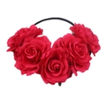 Close-up of six vibrant red fabric roses arranged on a slim bohemian headband - Rose Red