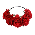 Bohemian floral headband with five realistic red roses and elastic band on white background - Dark Red