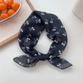 Black cotton linen headscarf with white cherry and bow pattern tied as a bow - 18 Black Cherry Bow