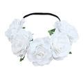 Bohemian style white rose headband with realistic fabric flowers and green leaves - White