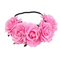 Bohemian pink rose crown headband with realistic artificial flowers on black elastic band - Solid Pink