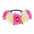 Bohemian floral headband with pink and cream roses on a flexible black elastic strap - Pink and Off-white
