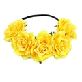 Detail of yellow fabric roses on a black elastic headband for festive parties - Yellow