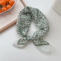 Breathable cotton-linen small square scarf with green floral pattern and dark green hem - 20 Green Floral Frame