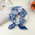Navy blue and pink geometric cotton linen square scarf displayed on a linen shirt - Diagonal Greek Key Navy