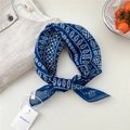 Dark blue square neck scarf with white leaf patterns and geometric prints on cotton linen - Tribal Leaf Navy