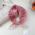 Red and white geometric leaf print cotton linen square neck scarf for women - Tribal Leaf Red