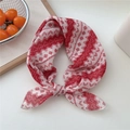 Red and white geometric patterned cotton linen square scarf tied in a bow knot - 21 Grid Pattern Red
