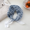 Blue geometric print cotton linen square scarf with leaf patterns and tied knot detail - Tribal Leaf White Base
