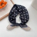 Elegant navy blue horse print cotton linen small square scarf with beige border - 24 Black Equestrian Grid