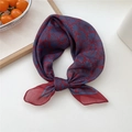 Elegant deep red square scarf with blue feather pattern in a stylish knotted display - 22 Fountain Pattern Red