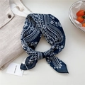 Navy blue cotton linen floral square scarf with elegant white flower and vine pattern - Floral Small Check Navy Blue
