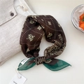 Dark brown floral printed square scarf with dark green stitching and brand tag - Dotted Floral
