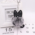 Black cat plush keychain with faux rabbit fur pom pom and metal lobster clasp - Two-tone Black