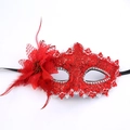 Close-up of red lace masquerade mask with vibrant faux flower and feather accents - Red