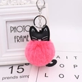 Black cat leather head and pink faux rabbit fur pom pom keychain charm with metal ring - Watermelon red
