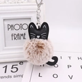 Cute black cat keychain with brown and white faux rabbit fur ball and silver ring - Mixed Khaki