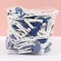 Mini witte houten fotoklemmen met blauwe hartversiering in een transparant zakje - Marineblauw