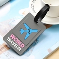 Gray PVC luggage tag with blue airplane icon and World Traveler text for suitcases - Grey Airplane
