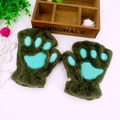 Winter plush cat paw fingerless gloves in dark green with cute paw embroidery - Dark Green