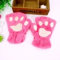 Detail of pink faux fur cat paw fingerless gloves with soft white padded palm design - Rose Red