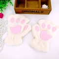 Winter plush fingerless cat paw gloves in white with pink pads and thick fur material - White
