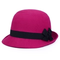 Chapeau cloche élégant en feutre de laine rouge rose pour femme avec nœud noir - Taille unique / Mauve Clair