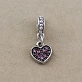 Retro-Silber Herz-Charm für Armbänder mit lila Strasssteinen und feiner Perlenstruktur - Lila