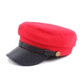 Fashionable red wool sailor cap with black leather brim and vintage bronze button detail - M (56-58cm) / Red