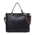 Classic black faux leather tote bag with brown handles and front zipper pockets - Black